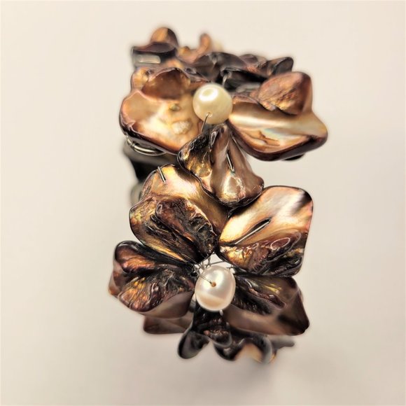 Golden Brown Cuff Bracelet with Freshwater Pearls and Mother Of Pearl - NEW - Picture 13 of 15